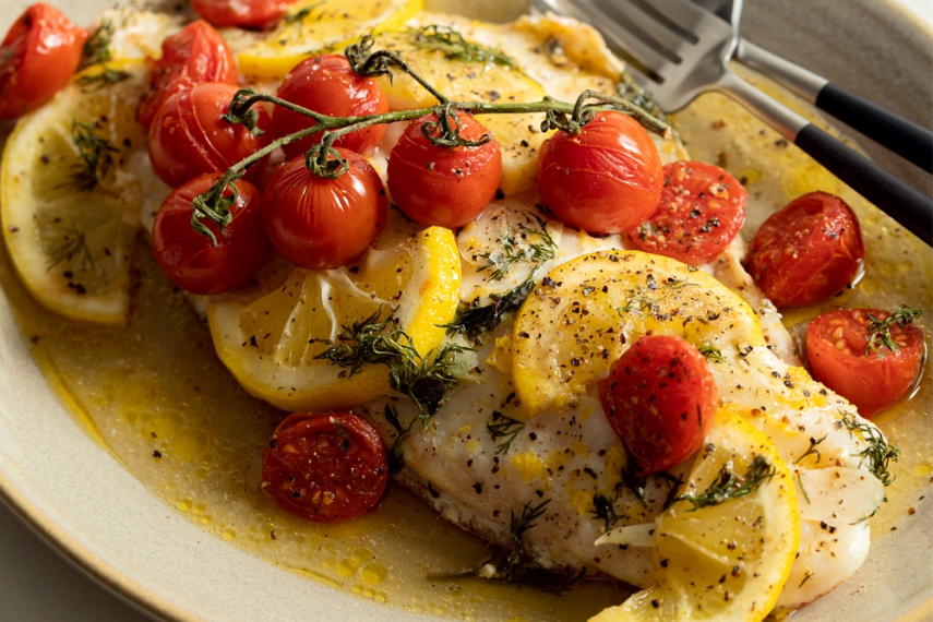 Butter+Baked+Fish+with+Lemon%2C+Tomato+%26+Dill++%7C++Gather+%26+Feast