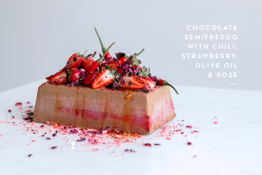 Chocolate+Semifreddo+with+Chili%2C+Strawberry%2C+Olive+Oil+%26+Rose++%7C++Gather+%26+Feast