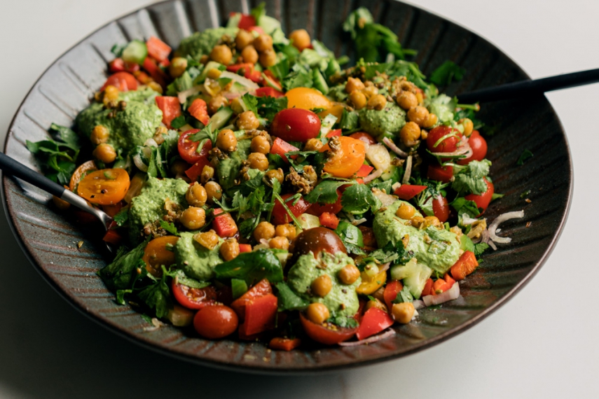 Chopped+Veg+%26+Warm+Garlic+Spiced+Chickpea+Salad+with+Creamy+Green+Tahini+Dressing++%7C++Gather+%26+Feast