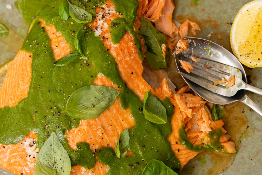 Citrus+%26+Olive+Oil+Slow-Baked+Salmon+with+Basil+Vinaigrette+%7C+Gather+%26+Feast