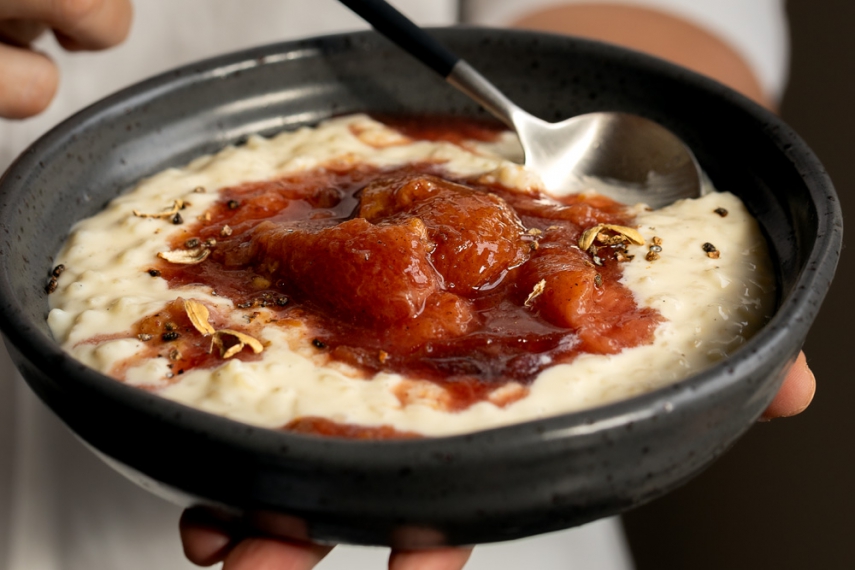 Cold+%26+Creamy+Vanilla+Rice+Pudding+with+Cardamom-Stewed+Plums+%7C+Gather+%26+Feast