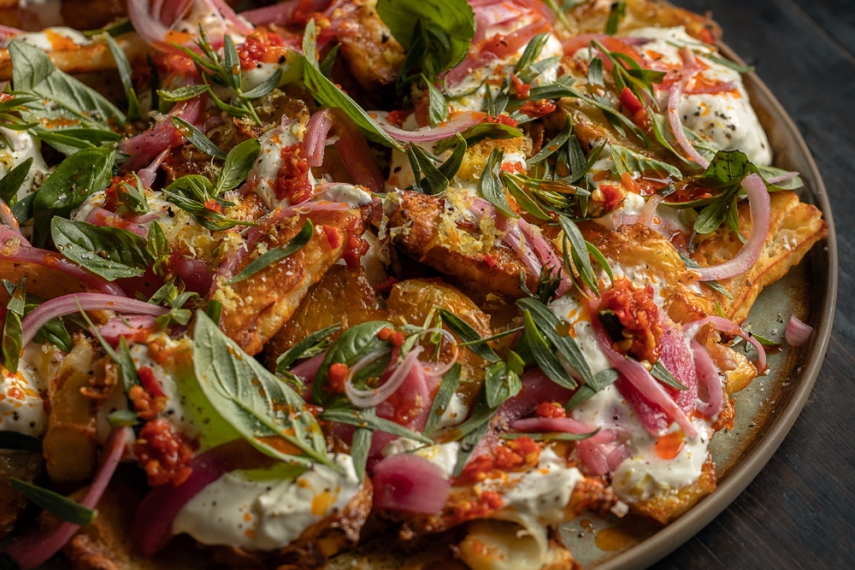 Crispy+Smashed+Potatoes+%26+Halloumi+with+Sour+Cream%2C+Italian+Chili+%26+Fresh+Herbs+%7C+Gather+%26+Feast