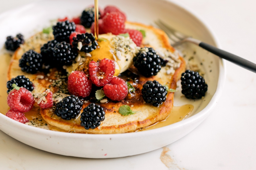 Blackberry+Buttermilk+Pancakes+Topped+with+Raspberries+%26+Blackberries%2C+Pure+Maple+Syrup+%26+Seeds++%7C++Gather+%26+Feast