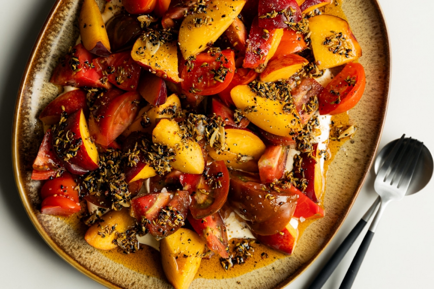 Fresh+Tomatoes+%26+Peaches+with+a+Sizzled+Fennel+Seed+%26+Chili+Olive+Oil+Dressing+%7C+Gather+%26+Feast