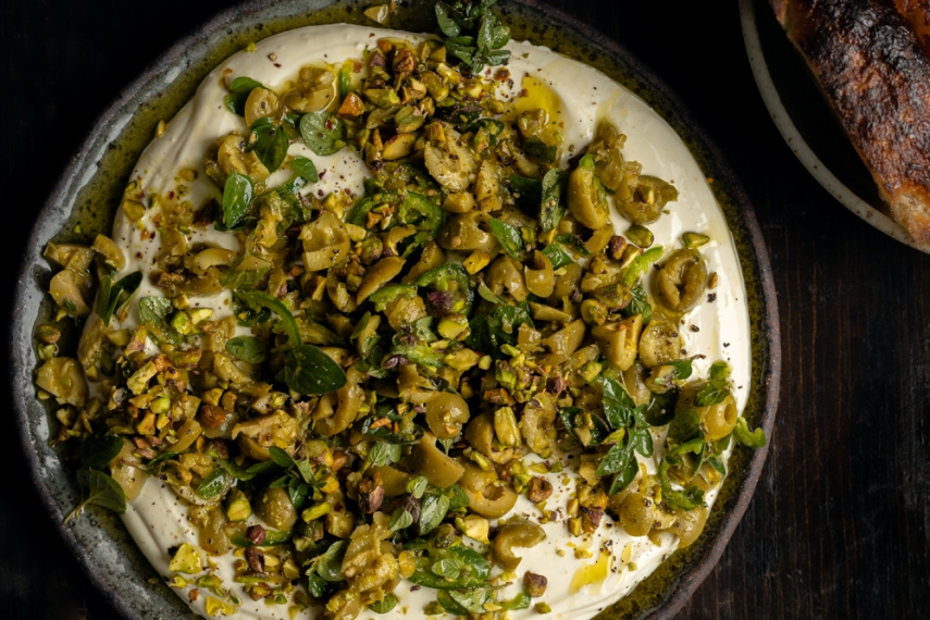 Olive%2C+Yoghurt+%26+Pistachio+Dip+with+Fresh+Oregano+%26+Green+Chili+%7C+Gather+%26+Feast