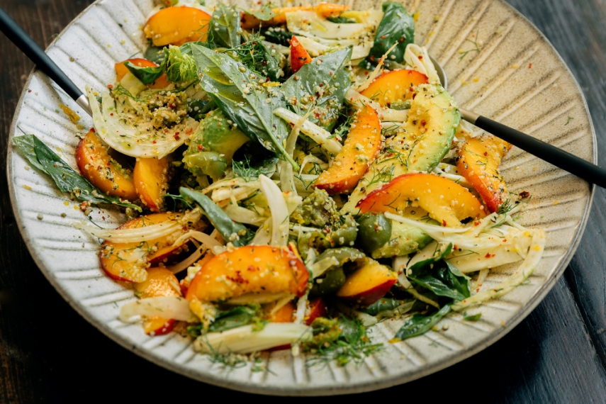 Pan-Fried+Barramundi+with+Smashed+Green+Olive%2C+Fennel%2C+Peach+%26+Basil+Salad+%7C+Gather+and+Feast