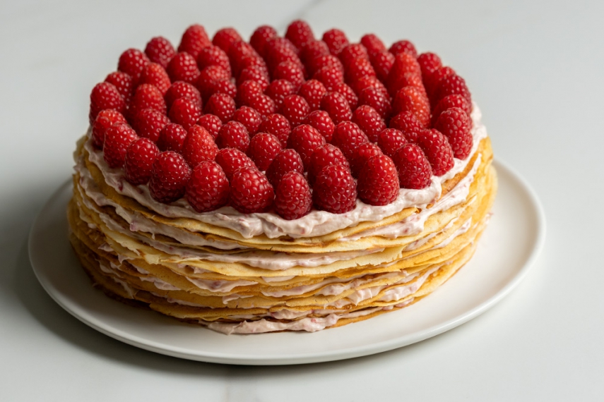 Raspberry+Crepe+Cake+%7C+Gather+%26+Feast