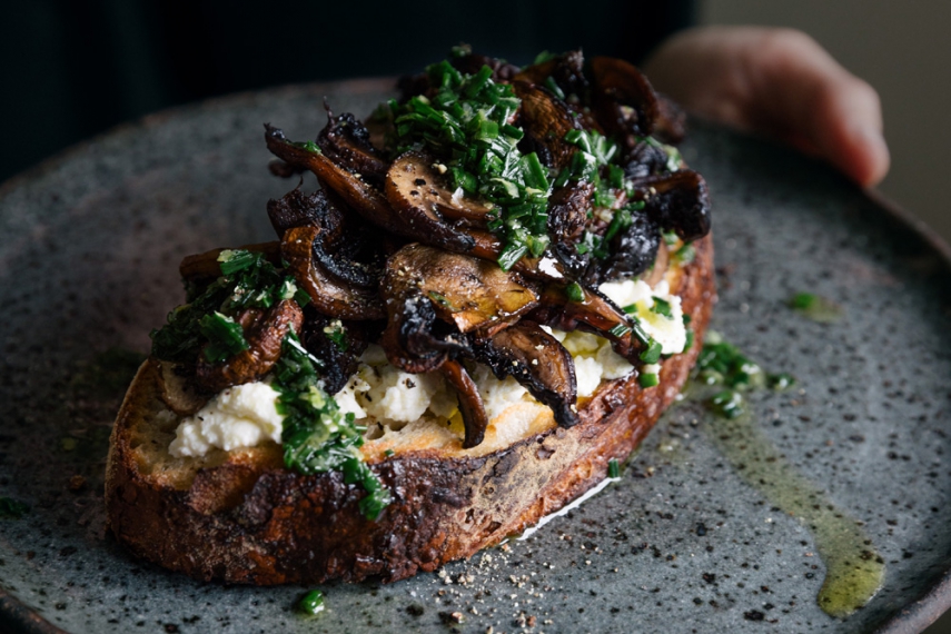 Roasted+Tangy+Mushrooms+on+Toast+with+Ricotta+%26+a+Chunky+Chive+Oil+%7C+Gather+%26+Feast