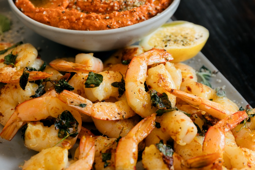 Romesco+with+Lemon+%26+Fresh+Oregano+Pan-fried+Prawns+%7C+Gather+%26+Feast