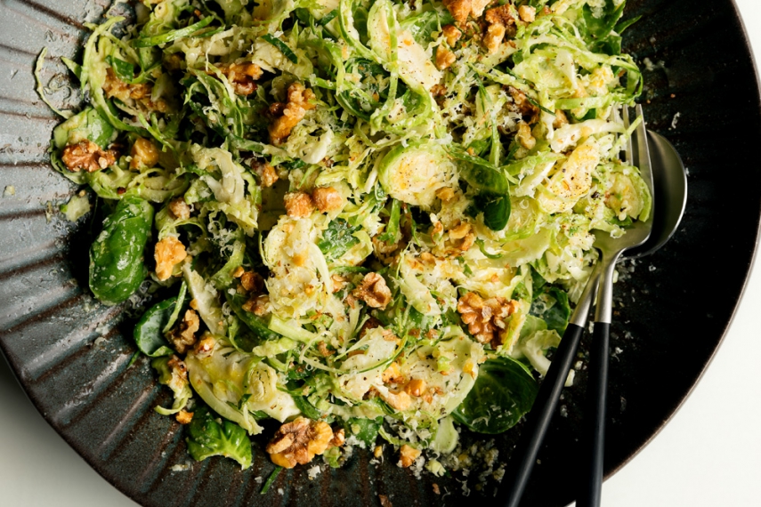 Shaved+Brussel+Sprout+%26+Walnut+Salad+with+Manchego+Olive+Oil+Dressing+%7C+Gather+%26+Feast
