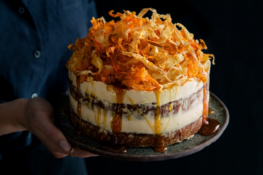 Spiced+Parsnip+%26+Carrot+Cake+with+Burnt+Honey+Cream+Cheese+Frosting+%26+Root+Vegetable+Chips++%7C++Gather+%26+Feast