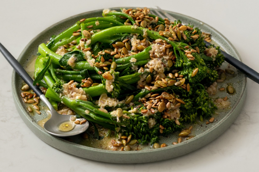 Steamed+Broccolini+with+Zingy+Dressing+%26+Olive+Oil-Toasted+Seeds+%7C+Gather+%26+Feast