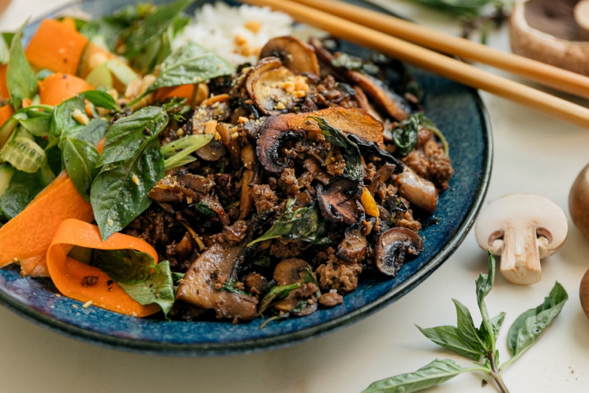 Thai+Basil+Beef+%26+Mushroom+Bowls+%7C+Gather+%26+Feast