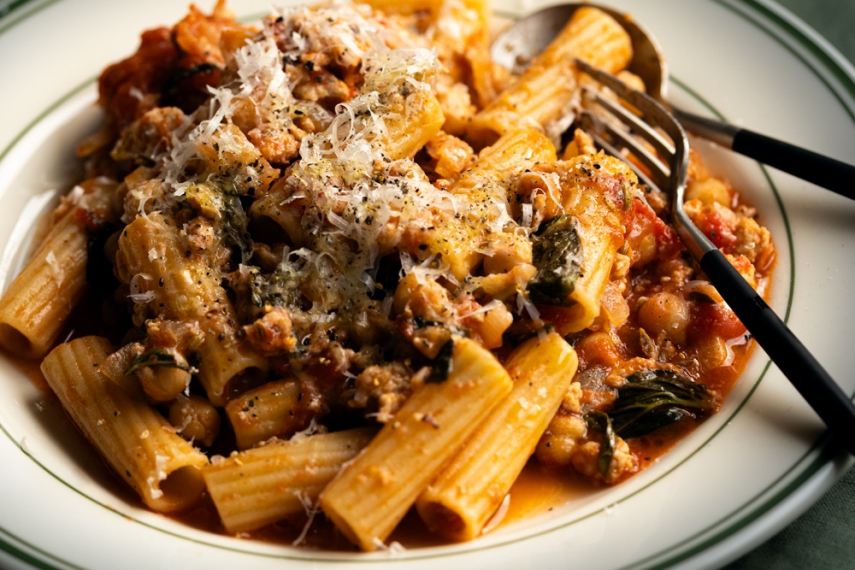 Tomato%2C+Basil%2C+Chicken+%26+Chickpea+One-Pan+Sauce+with+Pasta+%7C+Gather+%26+Feast