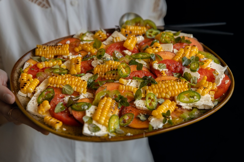 Tomato%2C+Feta%2C+Peach+%26+Charred+Corn+Salad+with+Olive+Oil+%26+Fresh+Green+Chili+%7C+Gather+%26+Feast