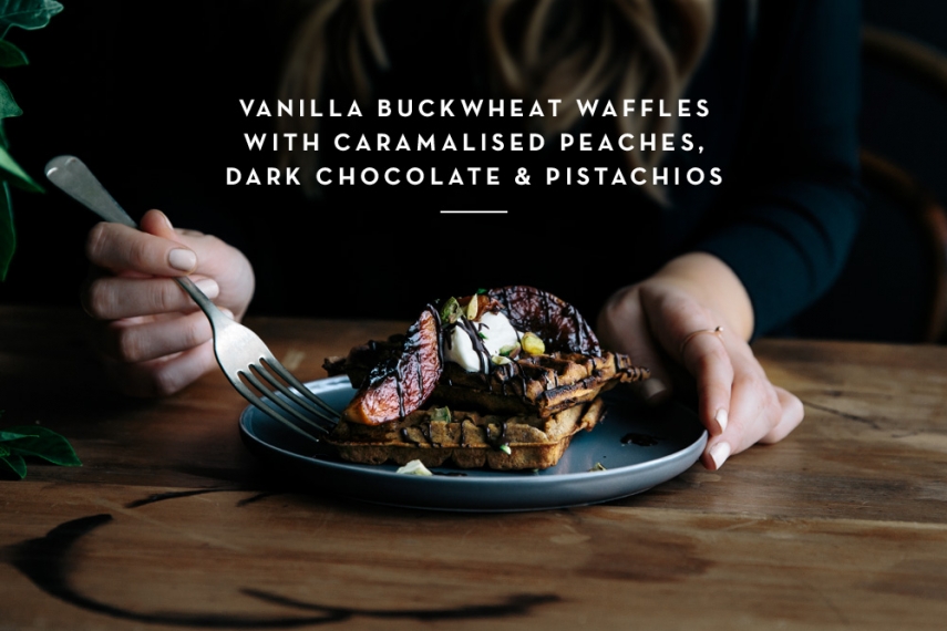 Vanilla+Buckwheat+Waffles+with+Caramalised+Peaches%2C+Dark+Chocolate+%26+Pistachios++%7C++Gather+%26+Feast