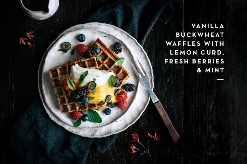 Vanilla+Buckwheat+Waffles+with+Lemon+Curd%2C+Fresh+Berries+%26+Mint++%7C++Gather+%26+Feast