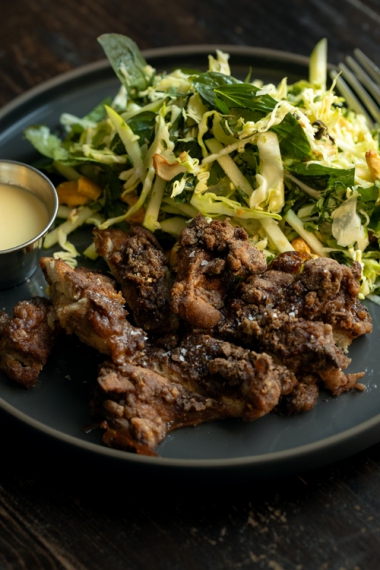 5+Spice+Crispy+Chicken+with+Maple+Dijon+Dipping+Sauce+%26+Green+Apple+%26+Thai+Basil+Slaw+%7C+Gather+%26+Feast