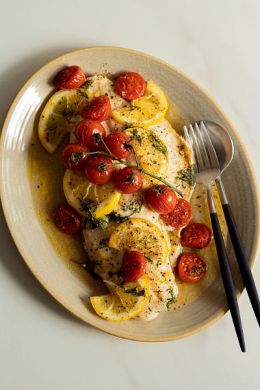 Butter+Baked+Fish+with+Lemon%2C+Tomato+%26+Dill++%7C++Gather+%26+Feast