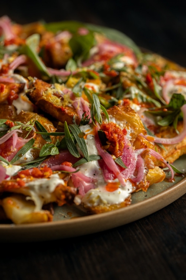 Crispy+Smashed+Potatoes+%26+Halloumi+with+Sour+Cream%2C+Italian+Chili+%26+Fresh+Herbs+%7C+Gather+%26+Feast