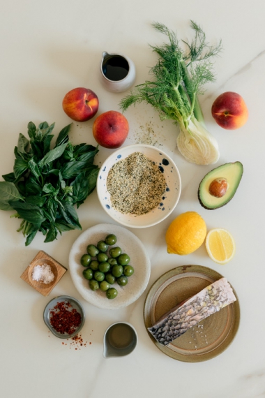 Pan-Fried+Barramundi+with+Smashed+Green+Olive%2C+Fennel%2C+Peach+%26+Basil+Salad+%7C+Gather+and+Feast