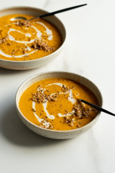 Pumpkin%2C+Sweet+Potato+%26+Lentil+Soup+topped+with+Garlicky+Olive+Oil+Lentils++%7C++Gather+%26+Feast