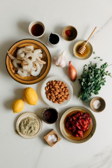 Romesco+with+Lemon+%26+Fresh+Oregano+Pan-fried+Prawns+%7C+Gather+%26+Feast