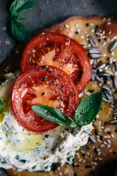 Seedy+Buckwheat+Flatbreads+with+Herby+Philly+Cream+Cheese+%26+Fresh+Tomato++%7C++Gather+%26+Feast