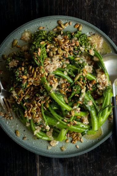 Steamed+Broccolini+with+Zingy+Dressing+%26+Olive+Oil-Toasted+Seeds+%7C+Gather+%26+Feast