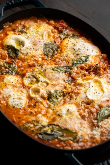 Tomato%2C+Basil%2C+Chicken+%26+Chickpea+One-Pan+Sauce+with+Baked+Eggs