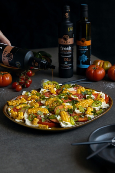 Tomato%2C+Feta%2C+Peach+%26+Charred+Corn+Salad+with+Olive+Oil+%26+Fresh+Green+Chili+%7C+Gather+%26+Feast