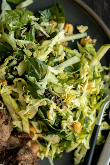 5+Spice+Crispy+Chicken+with+Maple+Dijon+Dipping+Sauce+%26+Green+Apple+%26+Thai+Basil+Slaw+%7C+Gather+%26+Feast