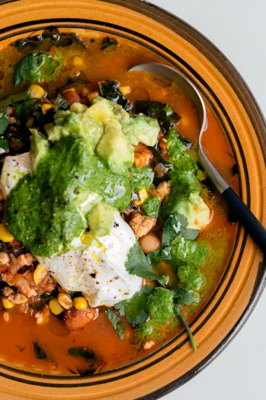 Chicken+Mexican-Style+Soup+with+a+Zingy+Coriander+Vinaigrette+%7C+Gather+%26+Feast