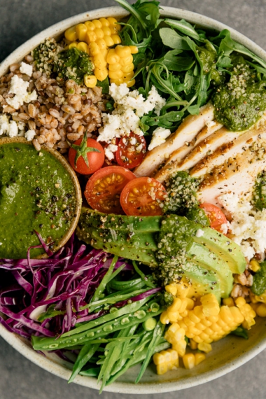 Farro%2C+Lentil+%26+Lemon+Pepper+Chicken+Nourishing+Bowls+with+a+Fresh+Basil+Vinaigrette++%7C++Gather+%26+Feast