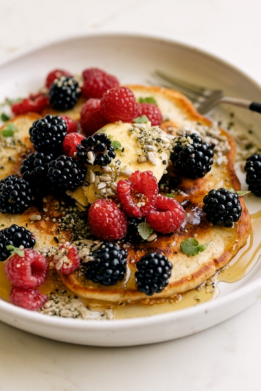 Blackberry+Buttermilk+Pancakes+Topped+with+Raspberries+%26+Blackberries%2C+Pure+Maple+Syrup+%26+Seeds++%7C++Gather+%26+Feast