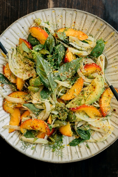 Pan-Fried+Barramundi+with+Smashed+Green+Olive%2C+Fennel%2C+Peach+%26+Basil+Salad+%7C+Gather+and+Feast