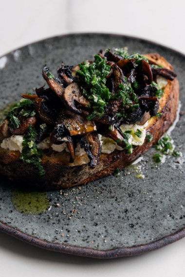 Roasted+Tangy+Mushrooms+on+Toast+with+Ricotta+%26+a+Chunky+Chive+Oil+%7C+Gather+%26+Feast