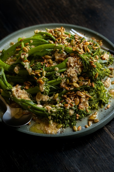 Steamed+Broccolini+with+Zingy+Dressing+%26+Olive+Oil-Toasted+Seeds+%7C+Gather+%26+Feast