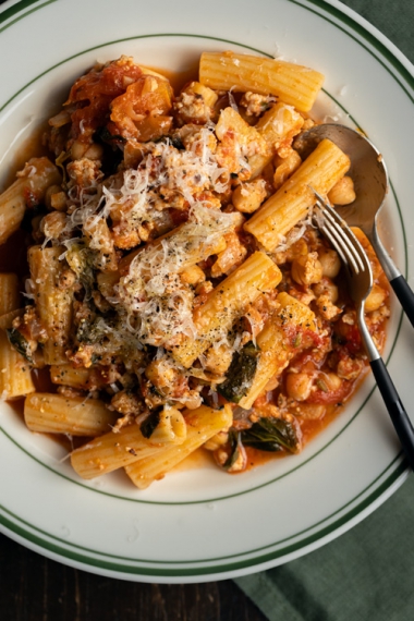 Tomato%2C+Basil%2C+Chicken+%26+Chickpea+One-Pan+Sauce+with+Pasta+%7C+Gather+%26+Feast