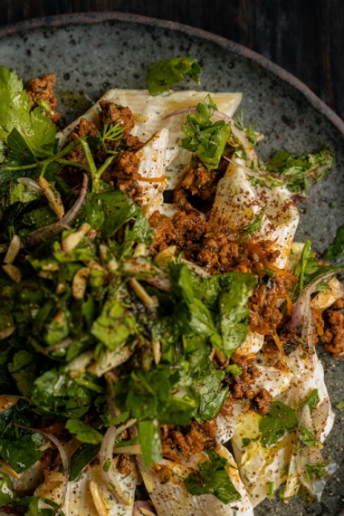 Yoghurt+Pasta+with+Spiced+Beef+%26+Fresh+Herb+Shallot+Salad+%7C+Gather+%26+Feast