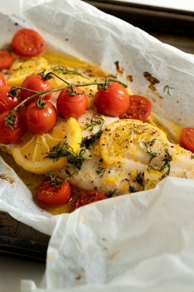 Butter+Baked+Fish+with+Lemon%2C+Tomato+%26+Dill++%7C++Gather+%26+Feast