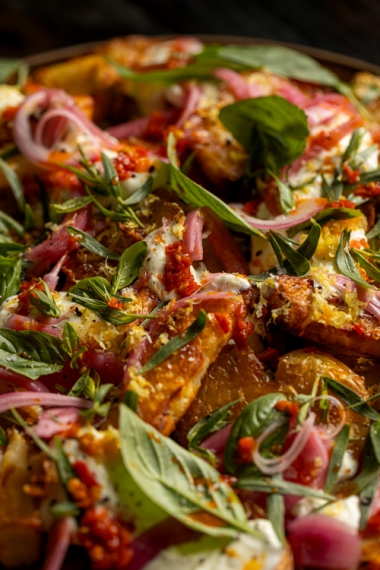 Crispy+Smashed+Potatoes+%26+Halloumi+with+Sour+Cream%2C+Italian+Chili+%26+Fresh+Herbs+%7C+Gather+%26+Feast