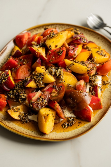 Fresh+Tomatoes+%26+Peaches+with+a+Sizzled+Fennel+Seed+%26+Chili+Olive+Oil+Dressing+%7C+Gather+%26+Feast