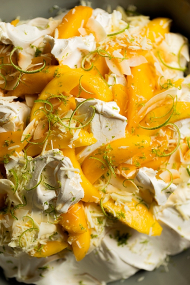 Mango%2C+Lime+%26+Toasted+Coconut+Smashed+Pavlova+with+White+Chocolate++%7C++Gather+%26+Feast