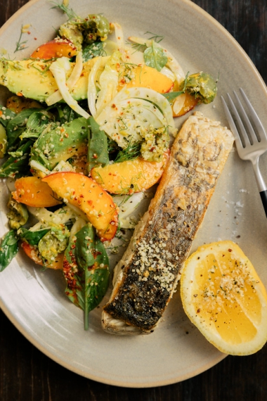 Pan-Fried+Barramundi+with+Smashed+Green+Olive%2C+Fennel%2C+Peach+%26+Basil+Salad+%7C+Gather+and+Feast