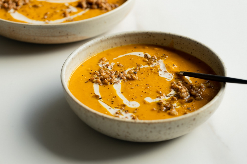 Pumpkin%2C+Sweet+Potato+%26+Lentil+Soup+topped+with+Garlicky+Olive+Oil+Lentils++%7C++Gather+%26+Feast