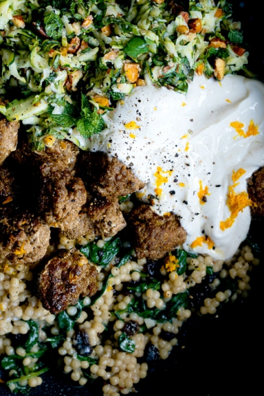 +Spiced+Meatballs+with+Pearl+%28Israeli%29+Couscous%2C+a+Fresh+Zucchini+Roasted+Almond+Salad%2C+%26+Honeyed+Yoghurt++%7C++Gather+%26+Feast