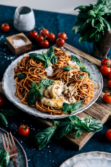 Tomato+%26+Balsamic+Spaghetti+with+Fresh+Basil+%26+Burrata++%7C++Gather+%26+Feast