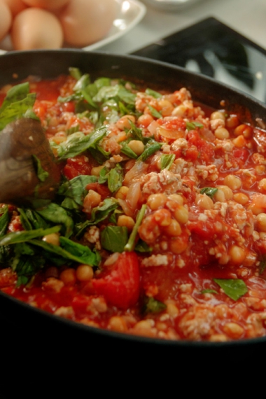 Tomato%2C+Basil%2C+Chicken+%26+Chickpea+One-Pan+Sauce+with+Baked+Eggs
