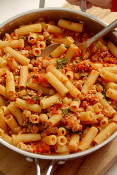 Tomato%2C+Basil%2C+Chicken+%26+Chickpea+One-Pan+Sauce+with+Pasta+%7C+Gather+%26+Feast